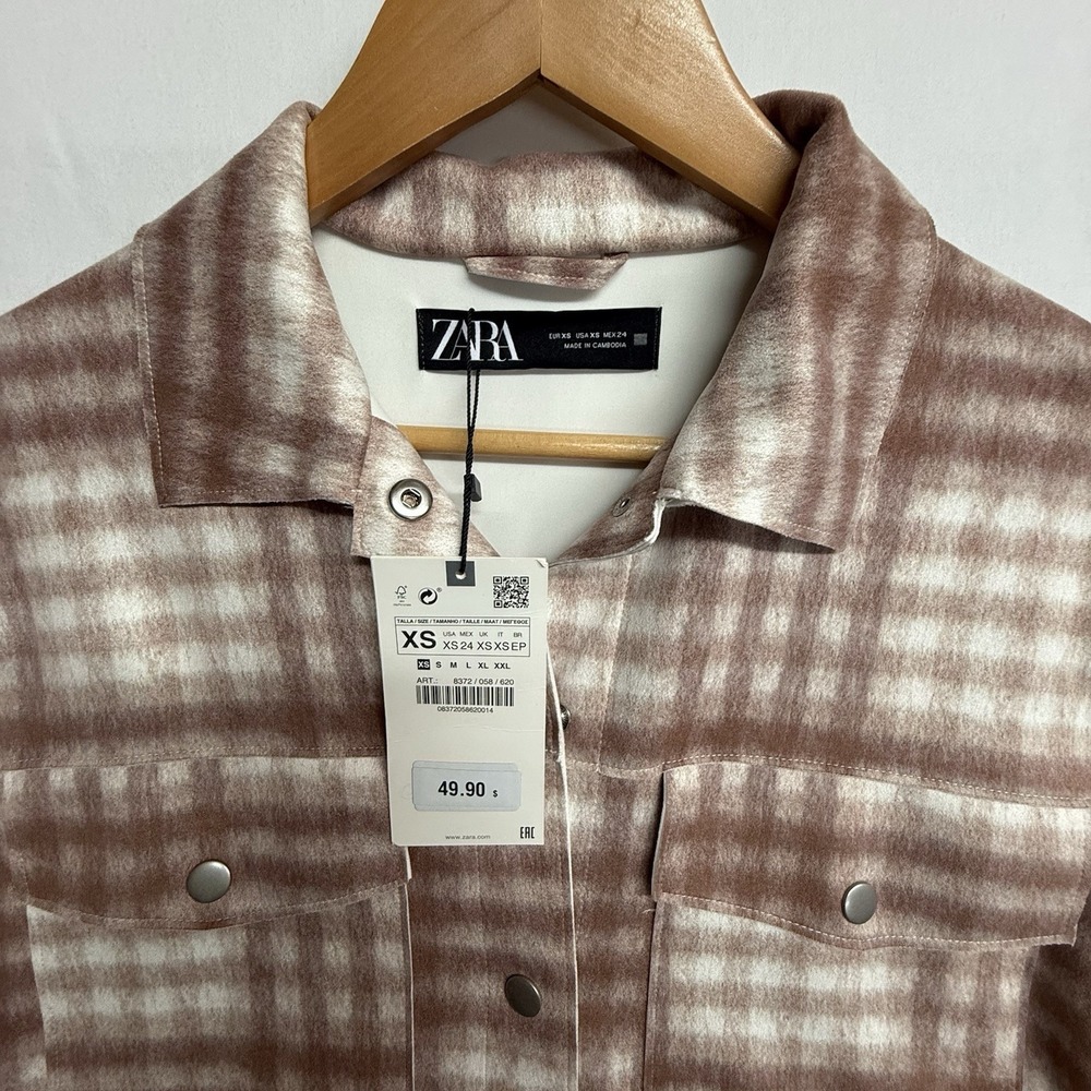 Zara Womens XS Plaid Shacket NWT Snap Front Shirt Jacket‎ Brown Cream - Picture 4 of 16